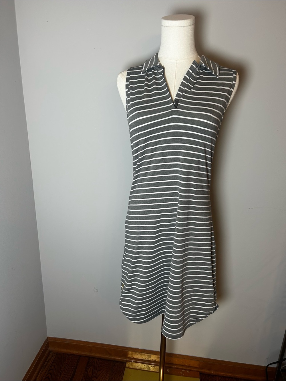 Lole Gray and White Striped Sleeveless Polo Mini Dress